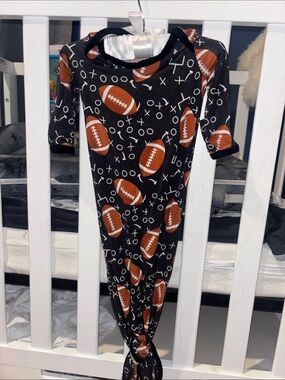 Black Football-Print Knotted Footie One-Piece for Kids